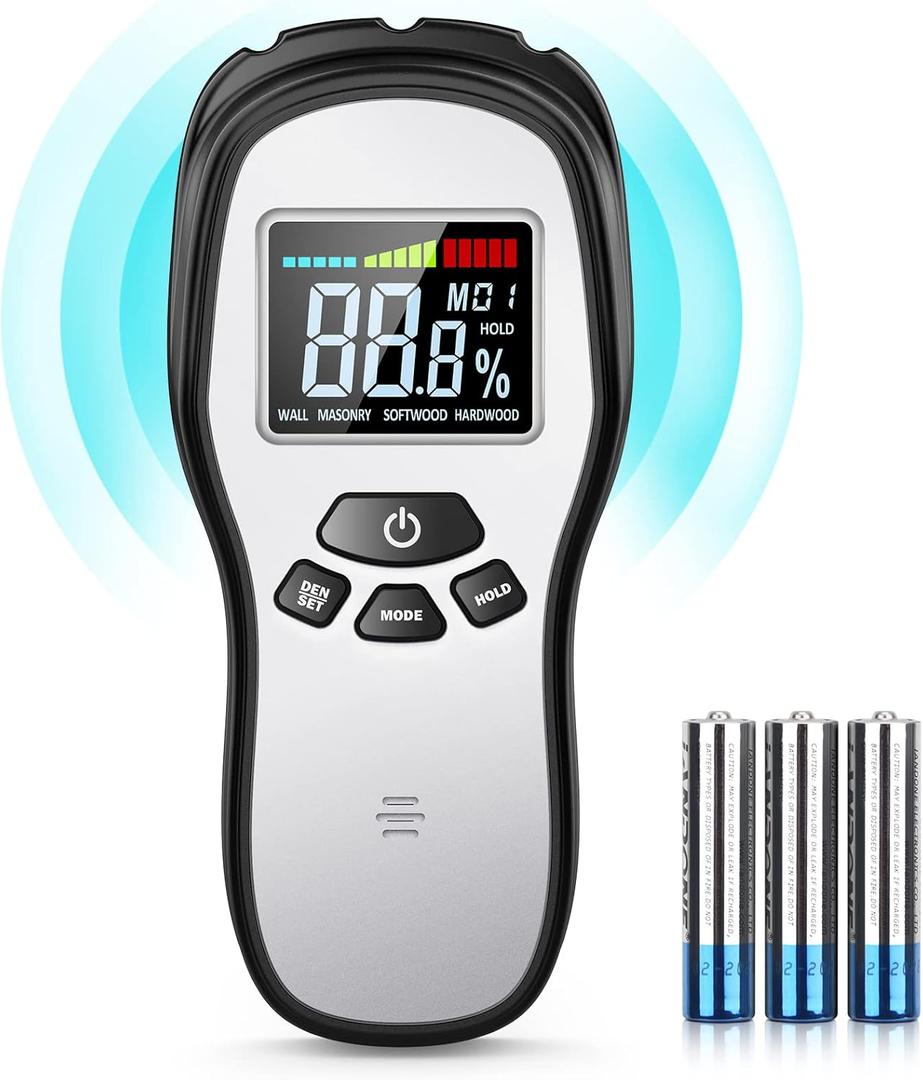 Pinless Wood Moisture Meter Detection - Firewood Moisture Meter Digital Moisture Detector for Lumber Drywall Firewood Masonry Woodworking Plaster Floor Concrete Building with LCD Display Sound Alarm (Black Silver)