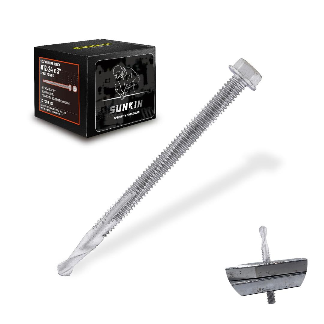 SUNKIN 132PCs Self Tapping Screws for Metal, Hex Head #12 x 3 Inch, Self Drilling for Thick Steel, Less Effort Installation, Long Lasting Anti Rust Coating