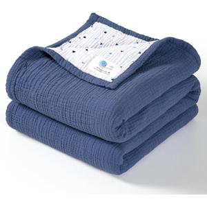 Lulu moon Muslin Baby Blanket - Cotton Quilt Blankets for Toddlers - Reversible Nursery Crib Blanket for Baby Boys and Girls 47"x47"(Blue)