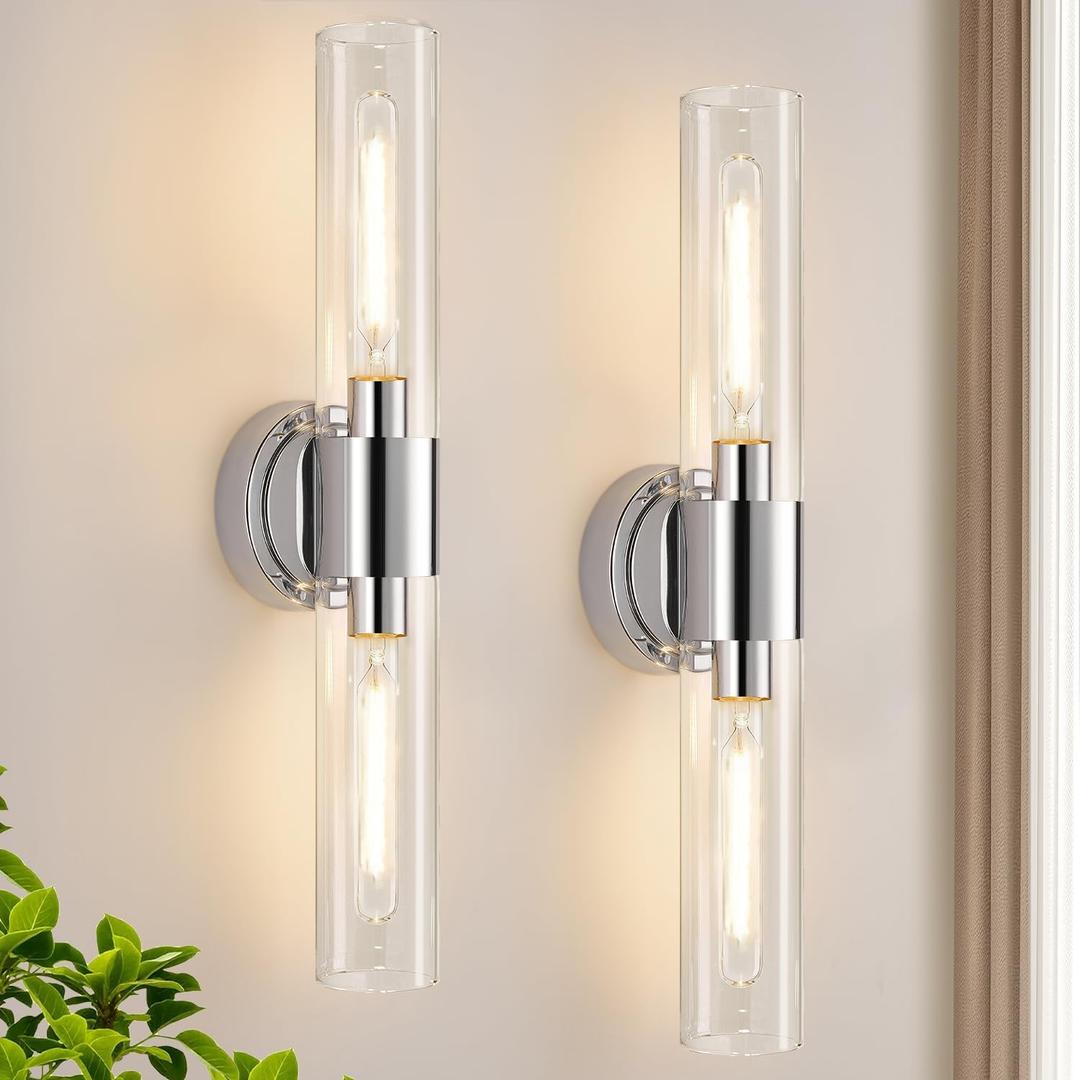 Wall Sconces Set of Two, Modern Bathroom Sconces Wall Lighting with & Clear Glass Glass, Chrome Sconces Wall Decor Set of 2 for Bathroom Mirror Bedroom Living Room Hallway