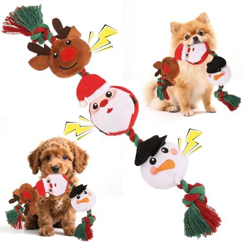EXPAWLORER Christmas Dog Squeaky Toy - Interactive Doggie Rope Toy with Squeaker, Tug of War Pull Rope Teeth Cleaning, Tough Cotton Chew Toys for Small Medium Dogs Puppies Deer+Santa Claus+Snowman