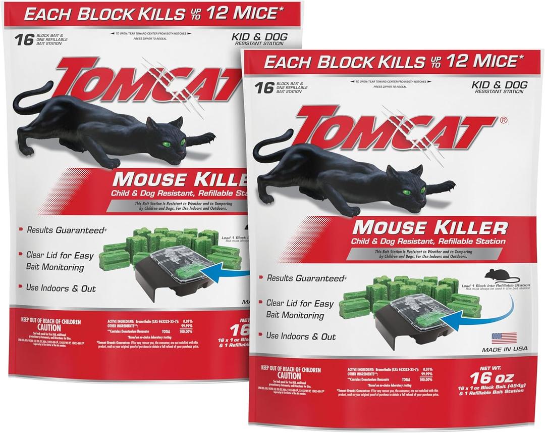 Tomcat Mouse Killer, Child and Dog Resistant Refillable Station Weather-Resistant Indoor/Outdoor Bait Station with Clear Monitoring Lid, 1 Station and 16 Bait Blocks, 2 Pack