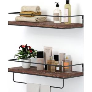 Shario Rustic Wood Floating Shelves - Set of 2, Wall Mounted Hanging Shelves with Black Towel Rack, Decorative Storage Shelves for Bathroom, Kitchen, Living Room & Bedroom (Dark Carbonized Brown)