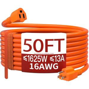 16/3 50 FT Outdoor Extension Cord Waterproof, Weatherproof & Flame Retardant Orange 3 Prong Power Cord Outside for Lawn & Garden, 13 Amps 1625 Watts 125 VAC 16AWG SJTW, ETL Listed