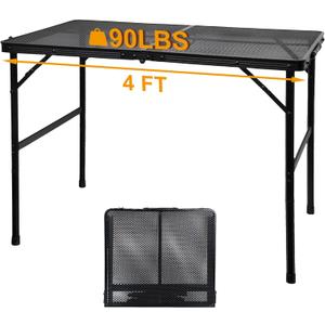 Camping Table with Mesh Desktop, Lightweight & Portable Folding Grill Table, Height Adjustable Metal Outdoor Table for Camp, Cooking, BBQ, RV, Picnic-4 FT Black (L: 47.24"L x 23.62"W x 16.5"H/26"H)