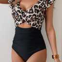 B2prity One Piece Swimsuits for Women Ruffle Sleeve V Neck Bathing Suit Tummy Control Cutout Monokini Slimming Swimwear Leopard Black, Large