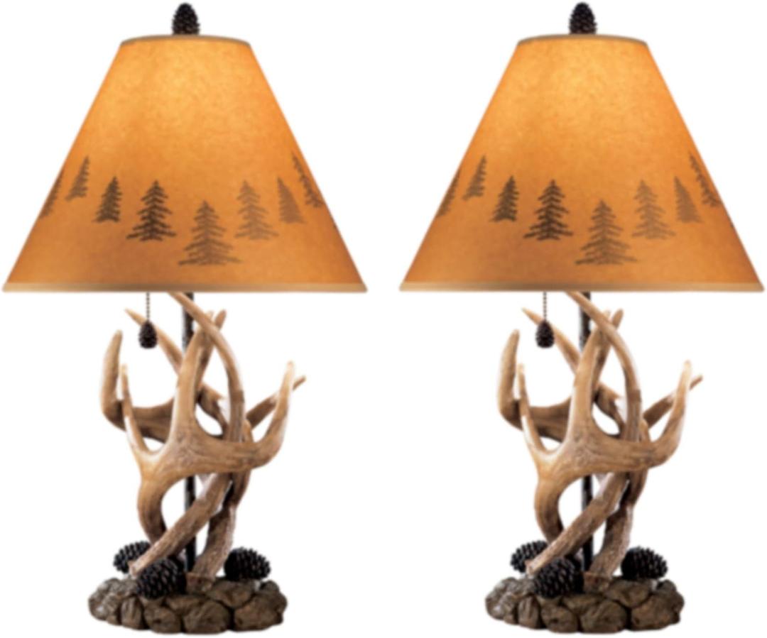 Signature Design by Ashley Derek Rustic Cabin Antler Lamp Set, 2 Count, Paper Silhouette Shade, Pull Chain Switch, 13.88" W x 13.88" D x 23.75" H, Brown