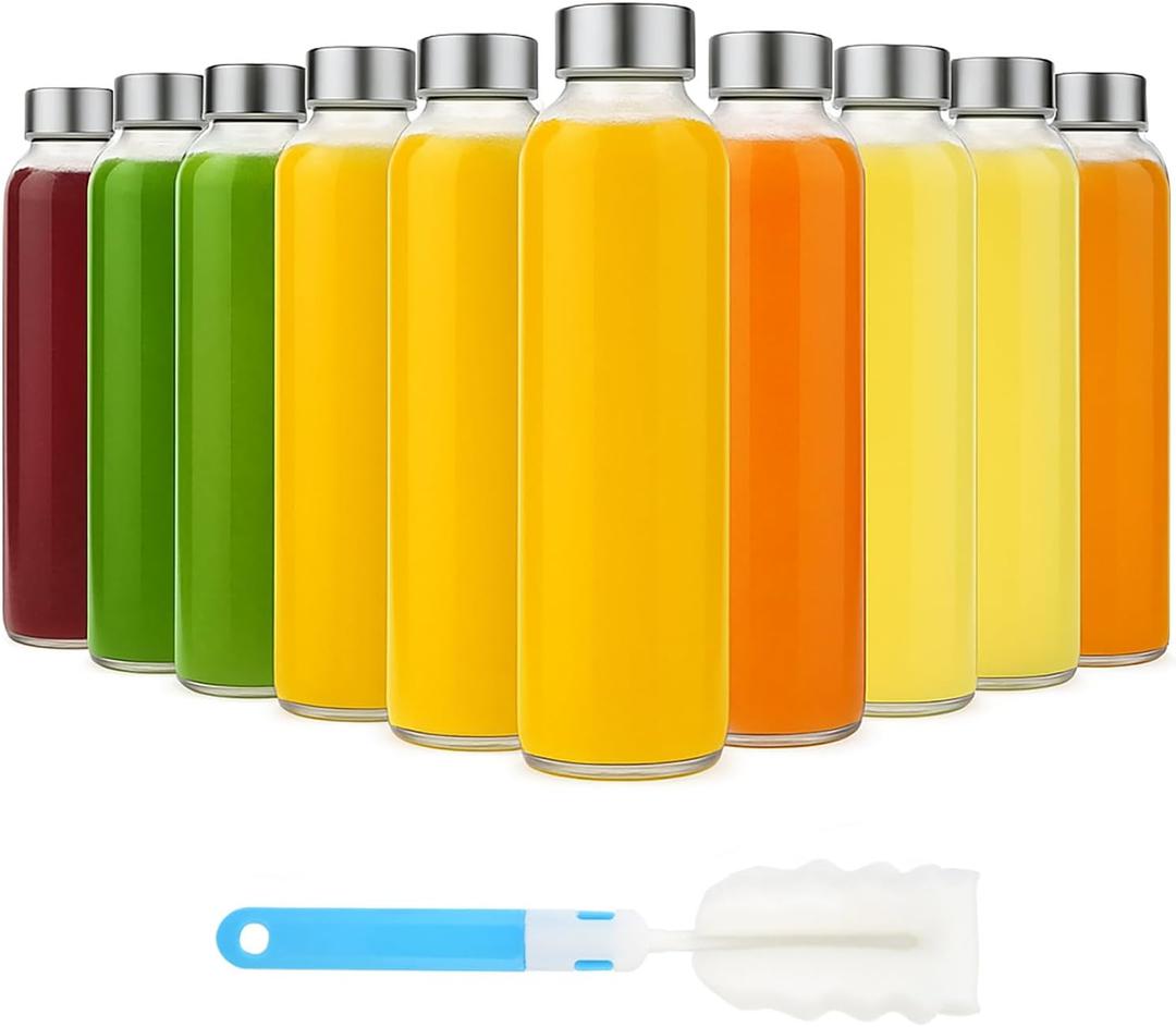 Sursip [10 Pack] 18 oz Glass Water Bottles with Lids, Juice Bottles, Clear glass juice bottle for juicing, Eco-Friendly Reusable Glass Juicing Bottles with Stainless Steel Lid, BPA Free,Leak-Proof
