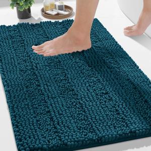 Yimobra Bathroom Rug Mat 24 x 17, Non Slip and Super Absorbent Bath Mat,Machine Washable Quick Dry,Ultra Plush Chenille Shower Rugs for Bathroom Floor Sink Tub and Shower Outside,Peacock Blue