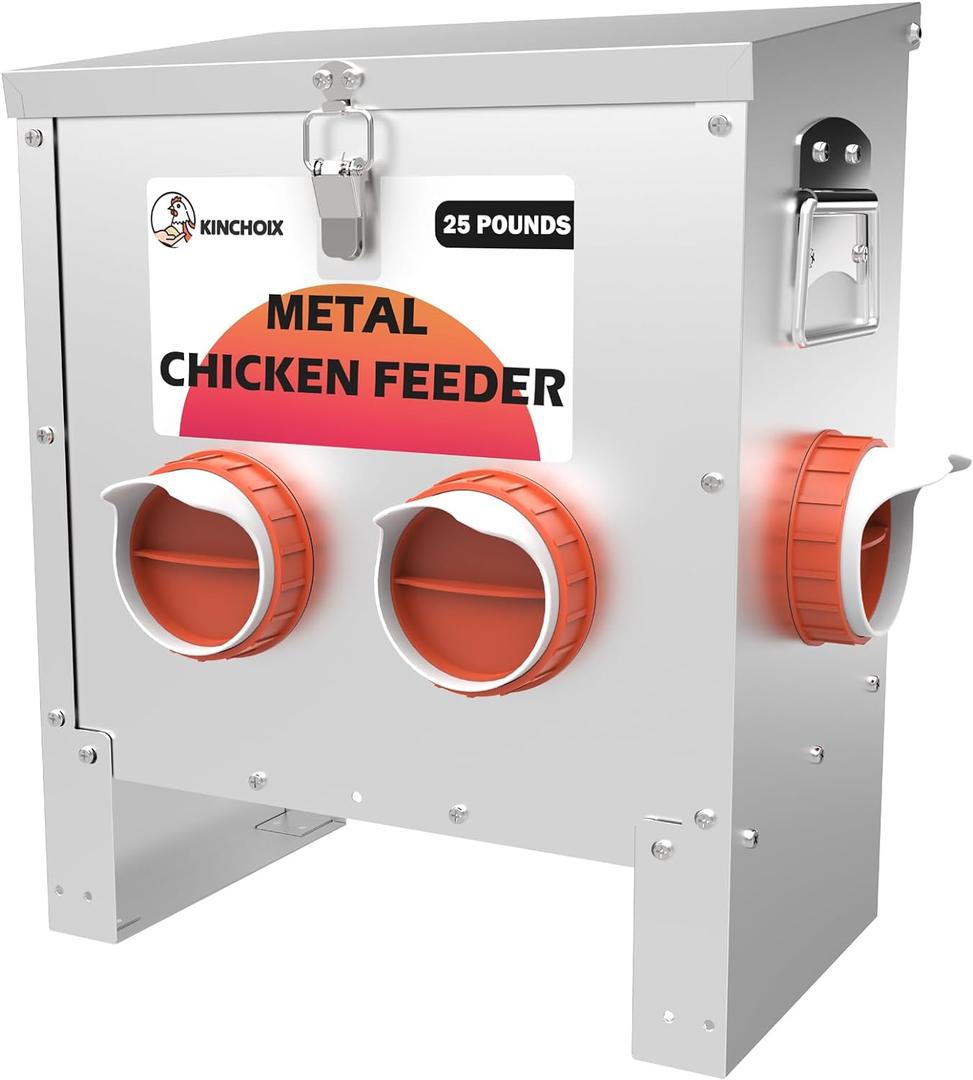 Metal Chicken Feeder Large Capacity 25lbs Automatic Metal Chicken Feeders No Waster Weatherproof Poultry Feeder for Chickens, Geese, Ducks, Turkeys (4-Port)