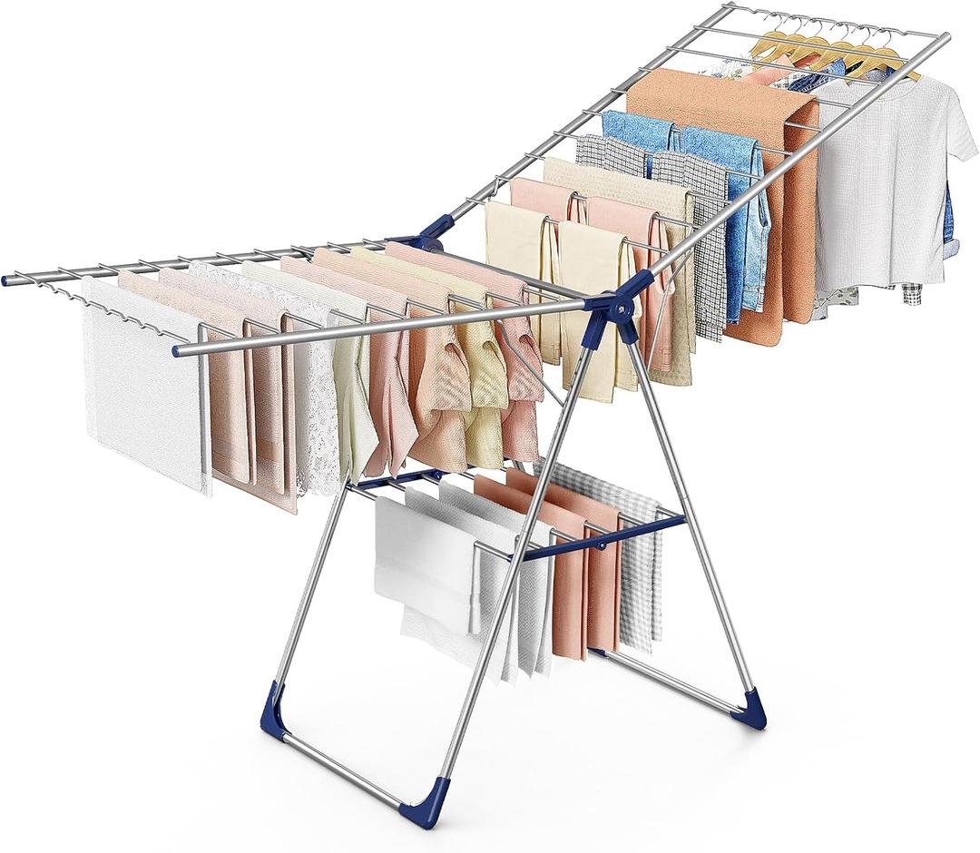 Sakugi Clothes Drying Rack with Height-Adjustable Wings, Metal Foldable Laundry Dryer Stand for Clothing & Bedding, Free-Standing Collapsible for Indoor & Outdoor Use, 69.5" L 22.8" W, Silver Blue, XX-Large