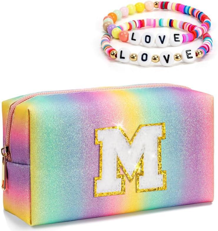 Christmas Gifts for Grandkids, Preppy Makeup Toiletry Bag for Girls Kids, Stocking Stuffers for Teen Girls, Gifts for 4 5 6 7 8 9 10 11 12 13 Year Old, Letter Pouch for Overnight, Cute Stuff (Medium)