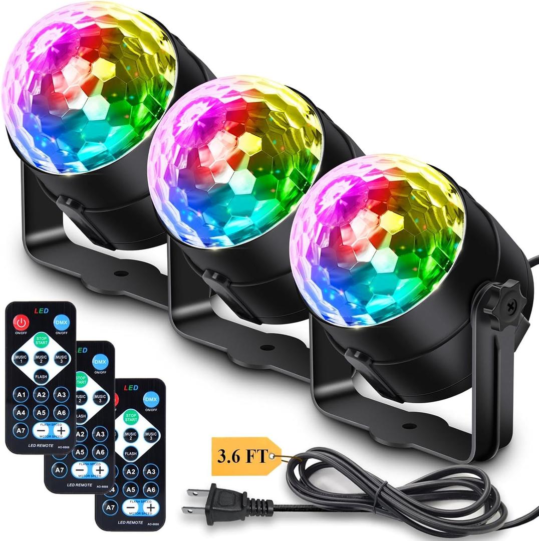 [3-Pack] Disco Ball Party Lights Sound Activated Remote Control, 12 Modes Stage Strobe DJ Lights for Christmas Party Decorations Stocking Stuffers White Elephant Gifts Birthday New Years Eve (Black)