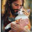 Jesus Animal Wall Art Jesus Holding Cat Pictures Print Watercolor Cute Cat Posters Christian Religious Painting Artwork Christ Home Decoration Framed(Artwork-1,16"x24"), 24L" x 16W"