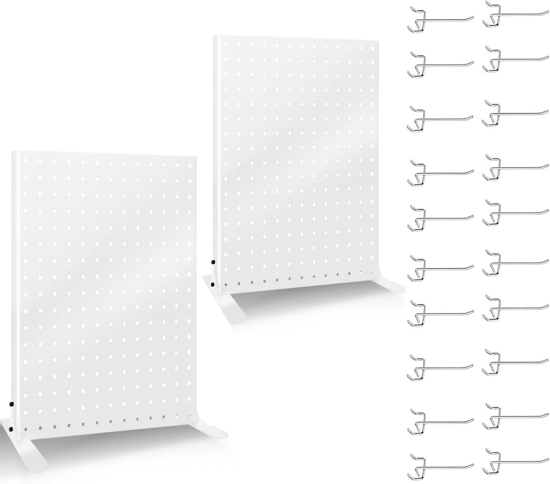 2PCS Pegboard Display Stand with 20 Hooks for Craft Shows, Metal Jewelry and Key Ring Retail Display Racks for Selling Accessories, Retail Stores, Vendors & Events, White