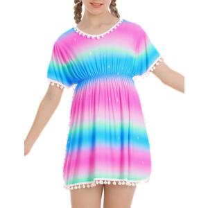 Girls Swimsuit Cover Up Size 6-7 Years Old Pink Green Gradient One Piece Cute Swimsuit Coverup
