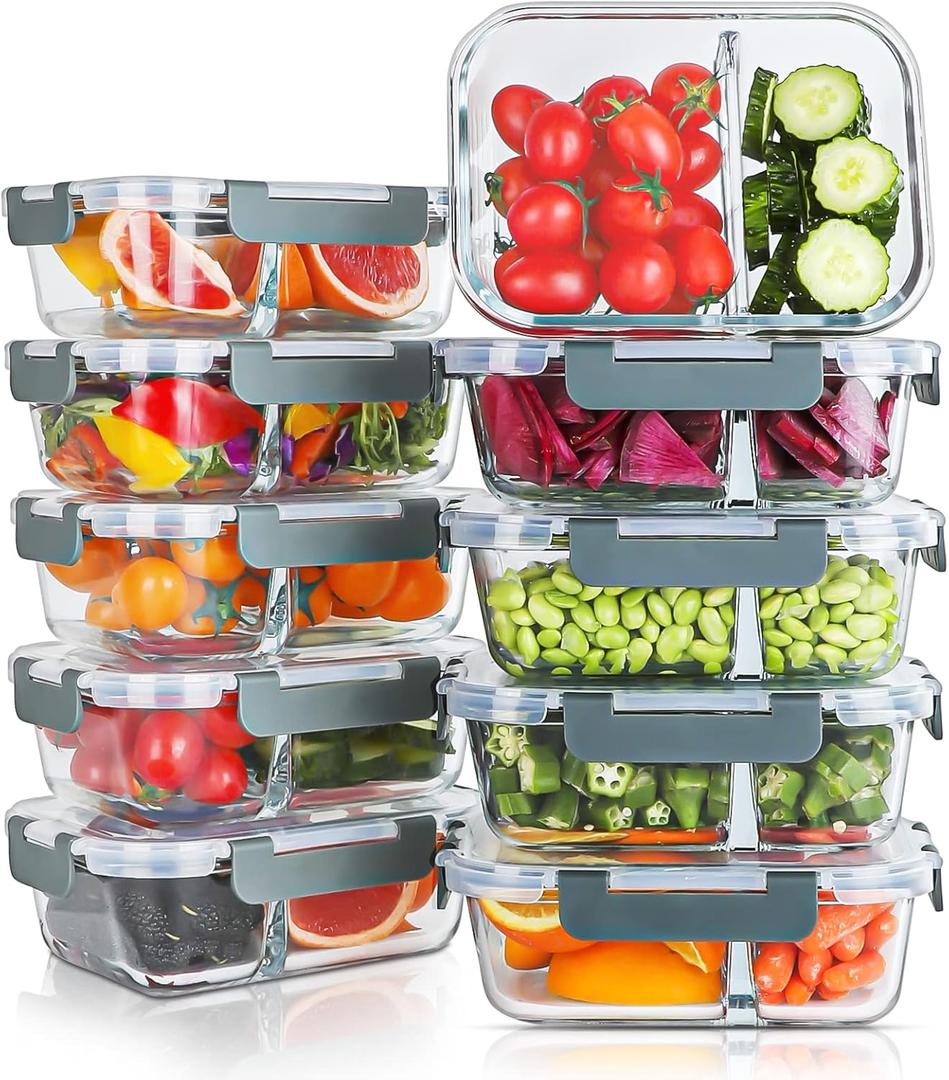 KOMUEE 10 Packs 30oz Glass Meal Prep Containers 2 Compartments,Glass Food Storage Containers with Lids,Airtight Lunch Bento Boxes,Microwave,Oven,Freezer and Dishwasher Safe, Gray