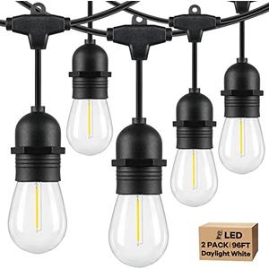 Lakumu 2-Pack 96FT Outdoor String Lights with Waterproof Shatterproof Dimmable 5000K Daylight White E12 Filament S14 LED Bulbs for Backyard Hanging Lights Linkable Patio Light for Deck Bistro Pergola