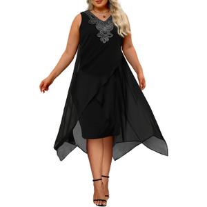 Womens Plus Size Chiffon Dress Loose Sleeveless Flowy Cocktail Party Midi Dresses Black X-Large Plus