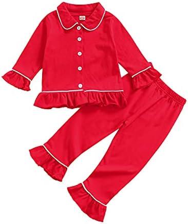 Ayalinggo Toddler Kids Baby Girl Solid Pjs Ruffle Long Sleeve Button Shirt Top and Pants Cotton 2Piece Pajamas Set, Size: 5-6 Years