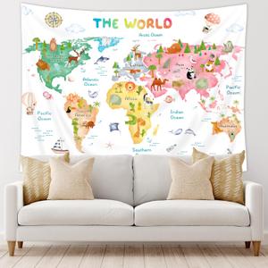 Riyidecor Kids Map Tapestry 91Wx71H Inch World Cartoon Animal Cute Educational Geography Learning Tools Colorful Continents Wildlife Wall Hanging for Boys Girls Home Dorm Decor Art Living Room Bedroom