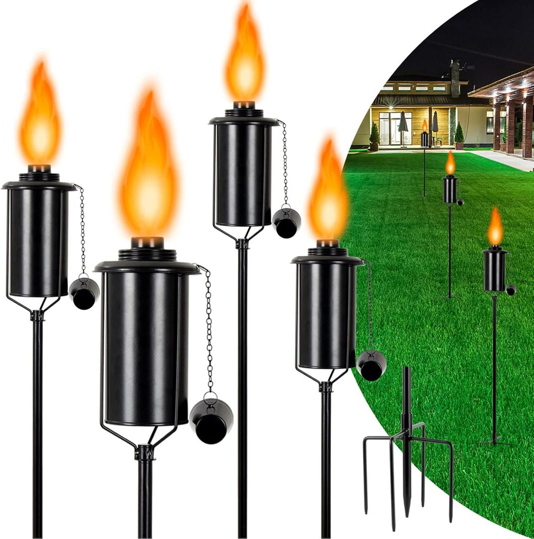 Nonley 4 Pack Metal Torch for Outside [Upgraded], 16oz Metal Garden Torches Outdoor Citronella Torches with 4-Prong Grounded Stake, Flame Torch Light for Backyard Patio Pathway Party 62" Tall