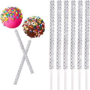 25 PCS Bling Cake Pop Paper Sticks, Glitter Rhinestone Lollipop Treat Sucker Sticks, Diamond Wrap Candy Holder for Chocolate Fruit Marshmallow Dessert Wedding Showers Buffet Table Party Christmas (Silver)