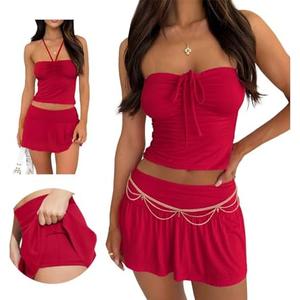 Hafailia Summer Two Piece Outfits for Women Y2K Going Out Tie Ruched Tube Crop Tops Low Rise Pleated Mini Skort Skirt Sets, M
