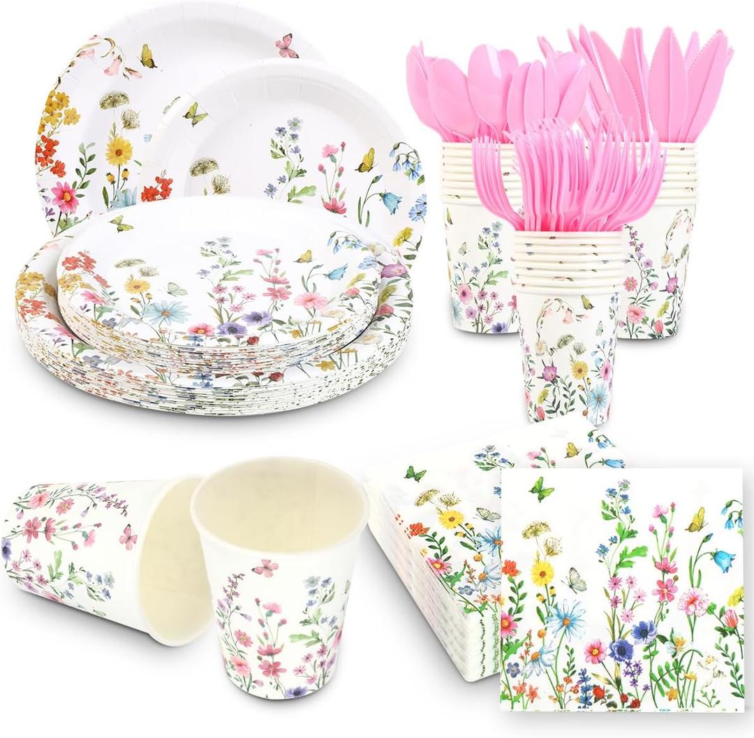 168 Pcs Wildflower Party Decorations Spring Floral Baby Shower Birthday Decorations Include Plates,Cups,Napkins,Cutlery for Wildflower Baby Shower Tea Decorations Serve 24