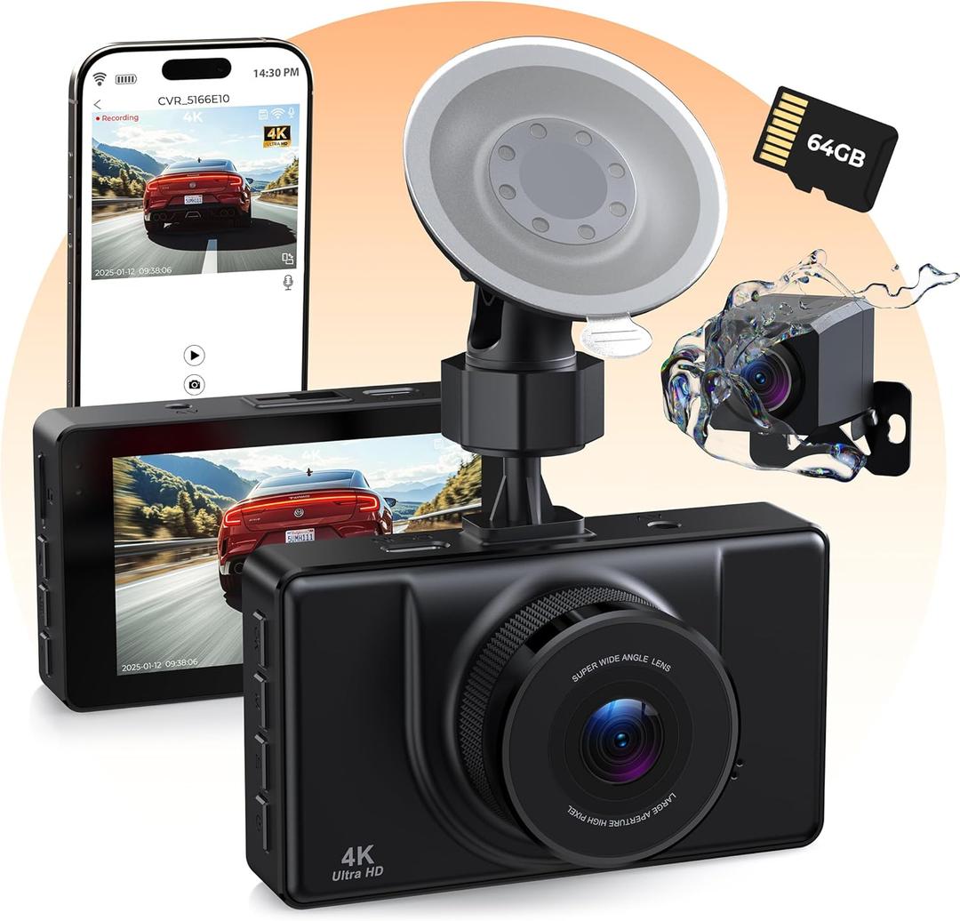 4K Dash Cam Front and Rear, 64GB Card Included, 4K+1080P Dual Dash Camera for Cars with WiFi App, Super Capacitor, WDR Night Vision, 3" IPS Screen, 170 Wide Angle, 24H Parking Mode, G-Sensor (Black)