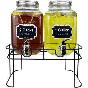 1 Gallon Glass Drink Dispenser for Parties, 2 Packs Juice Lemonade Ice Tea Water Dispenser with Stand, HENABLE Beverage Dispensers with Spigot for BBQ, Picnic, Party