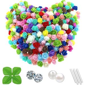 500 Pcs 1.4 Inch Mini Artificial Flowers Head Bulk 5 in 1 Set Faux Foam Fake Small Rose Tiny Baby Flores Bouquet Cake Gift Home Decoration DIY Craft (Multiple Mixed Color)