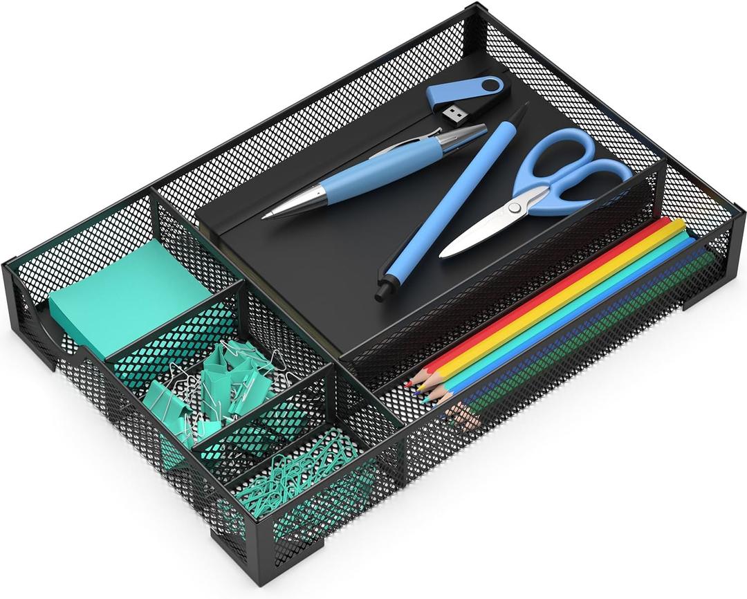 Desk Drawer Organizer, Office Desk Organizer Tray with 5 Dividers, Pen Pencil Drawer Organizer for Office Supplies, Desktop, Bathroom, Kitchen, Makeup, Vanity (1PC-Black-Large)