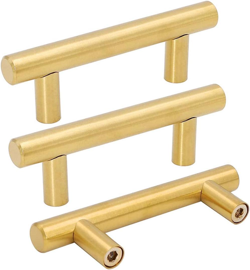 goldenwarm 5pcs Brushed Brass Cabinet Cupboard Drawer Door Handle Pull Knob for Furniture Kitchen Hardware 2-1/2in Hole Center 4in Overall Length