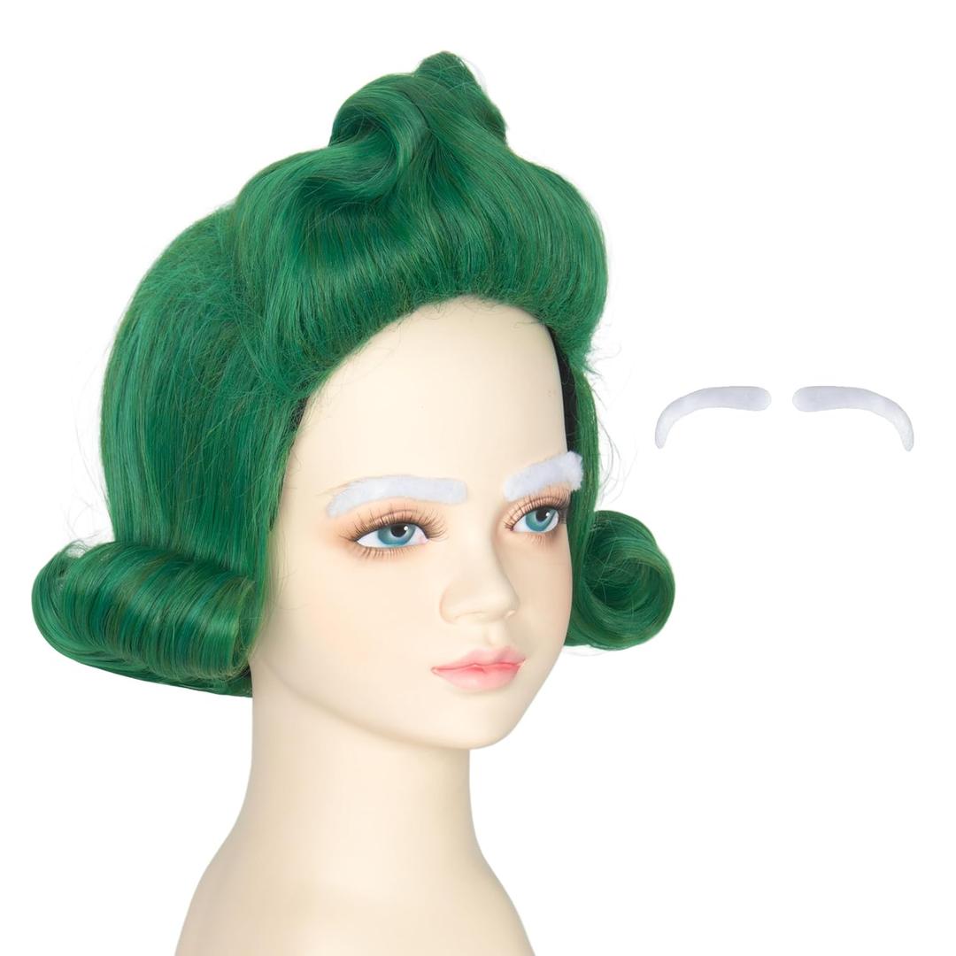 Miss U Hair Short Green Funny Wig with White Eyebrows Cosplay Halloween Party Wigs (Small)