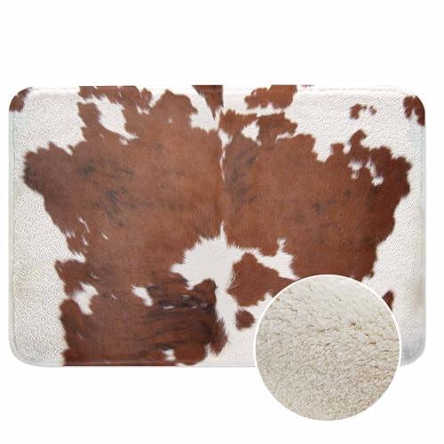 Lungtao Cowhide Bath Mat for Bathroom Farm Animal Brown Cowhide Print Cow Bath Rugs Door Mat Non Slip Rubber Backed Bathroom Floor Mat for Bathtub Sink Shower 20"X32"