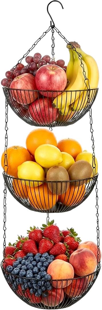 3-tier Hanging Fruit Basket for Kitchen, Removable Metal Fruit Holder with Adjustable Chain and Hook, Strong Load-bearing Vegetable and Bread Storage for Fruits, Veggies, and Household Items