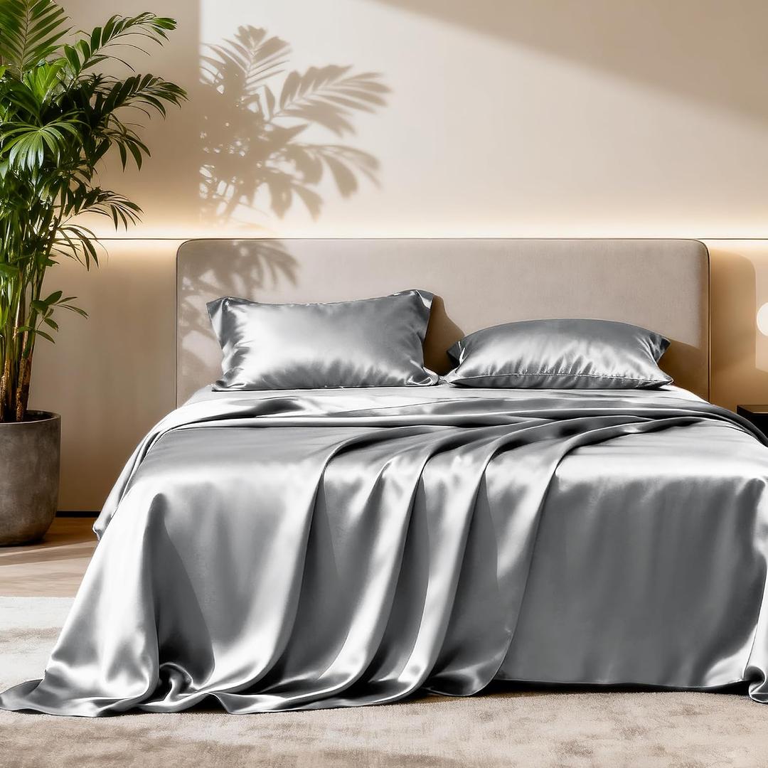 Love's cabin Twin Satin Sheet Sets - 3 Piece Dark Grey Silky Bed Sheets with Deep Pockets, Luxury Silk Feel Satin Twin Size Sheet Set Bedding Set (1 Flat Sheet,1 Fitted Sheet,1 Pillow case)