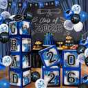 2026 Graduation Decorations - Blue Balloon Boxes with Letters 2026 Grad & So Proud of You and Blue Black White Print Balloons, Graduation Party Decorations Class of 2026 for Any Grades(Blue)