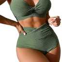 SOLY HUX Women's Two Piece Swimsuit Twist Front High Waisted Bikini Sets Bathing Suits (X-Large, Pure Olive Green)