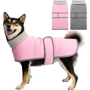Dog Coat 2 Pack, Turtleneck Fleece Pet Winter Jacket for Cold Weather, Warm Dog Clothes Sweater Outdoor Indoor for Small, Medium, Large & XL Dogs (M-XXL) (Pink and Grey)