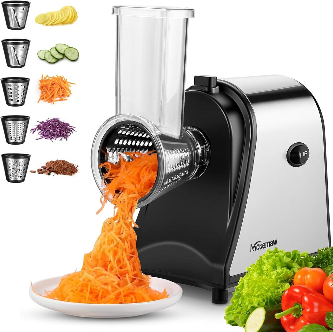 Electric Cheese Grater, 250W Salad Maker, 5 Different Blades for Slicing/Shredding/Grinding, One-Touch Control, Compact Kitchen Shredder for Block Cheese, Vegetables, Fruit (BPA-Free, Easy to Clean)