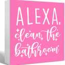 SJNH Pink Wood Sign Alexa Clean the Bathroom Shelf for Desk Decor | Funny Bathroom Pink Wood Sign Alexa Clean the Bathroom