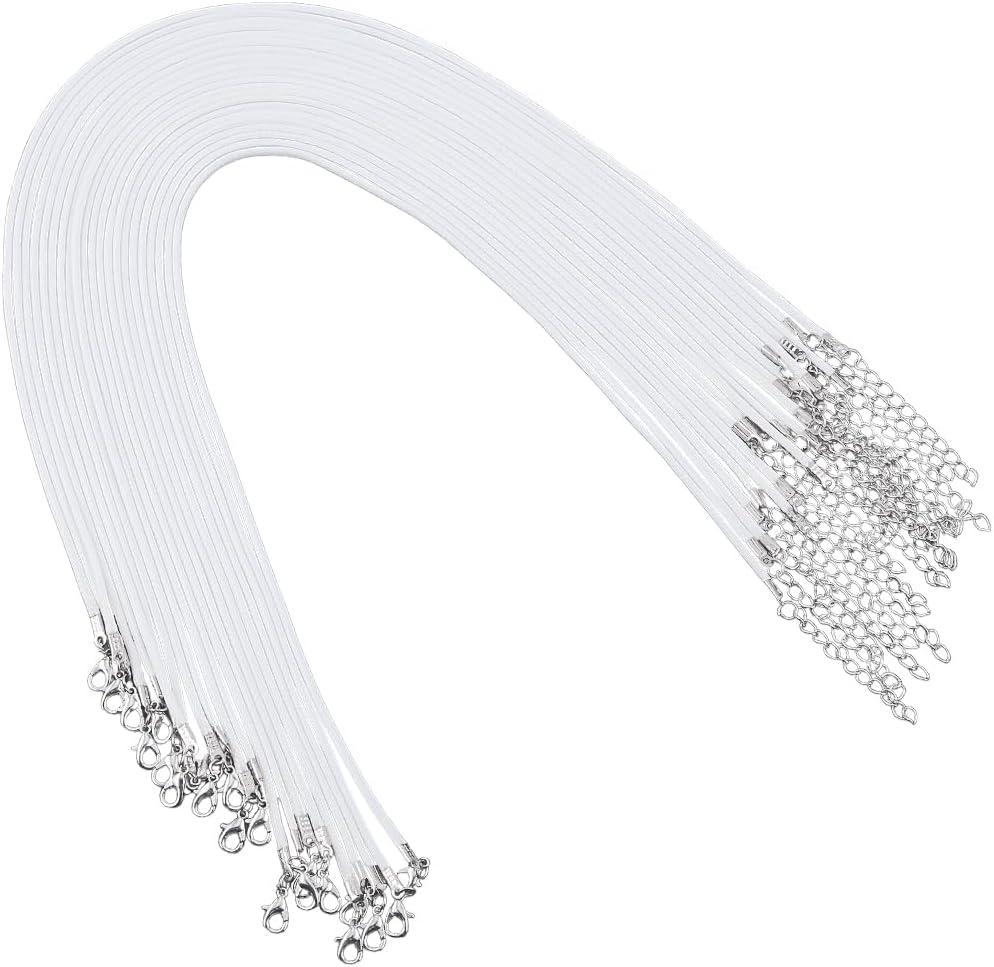 50Pcs 45.7cm/18 Inch Waxed Necklace Cords Wax Rope Necklace Cord with Clasps and Chain Extender Imitation Leather White String Accessories for Jewelry Making Necklaces Bracelets DIY Crafts