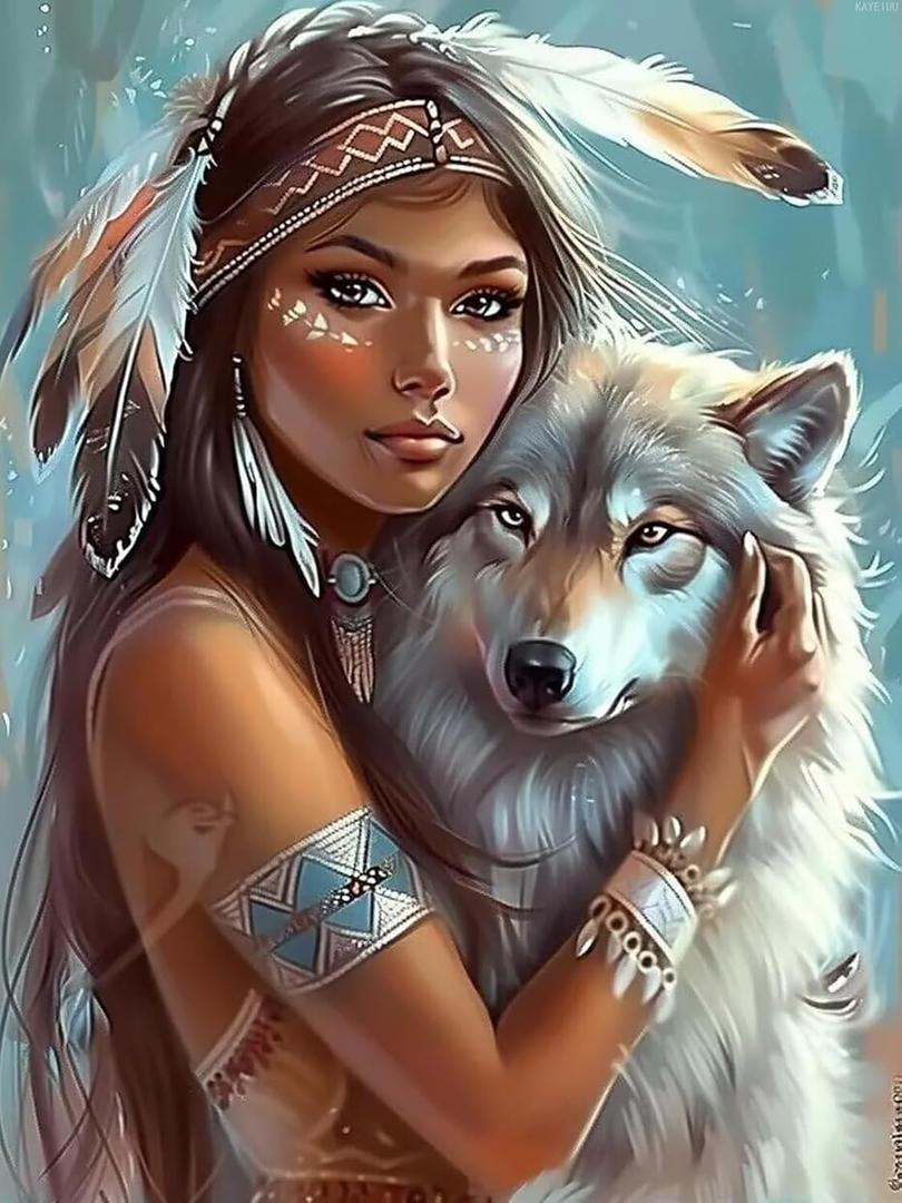 KAYEIUU 5D Diamond Painting Kits Woman with Wolf, DIY Canvas Gemstone Painting Kit Crafts, for Christmas Decor Home Decor Room Decor, Gifts for Friends 12x16inch