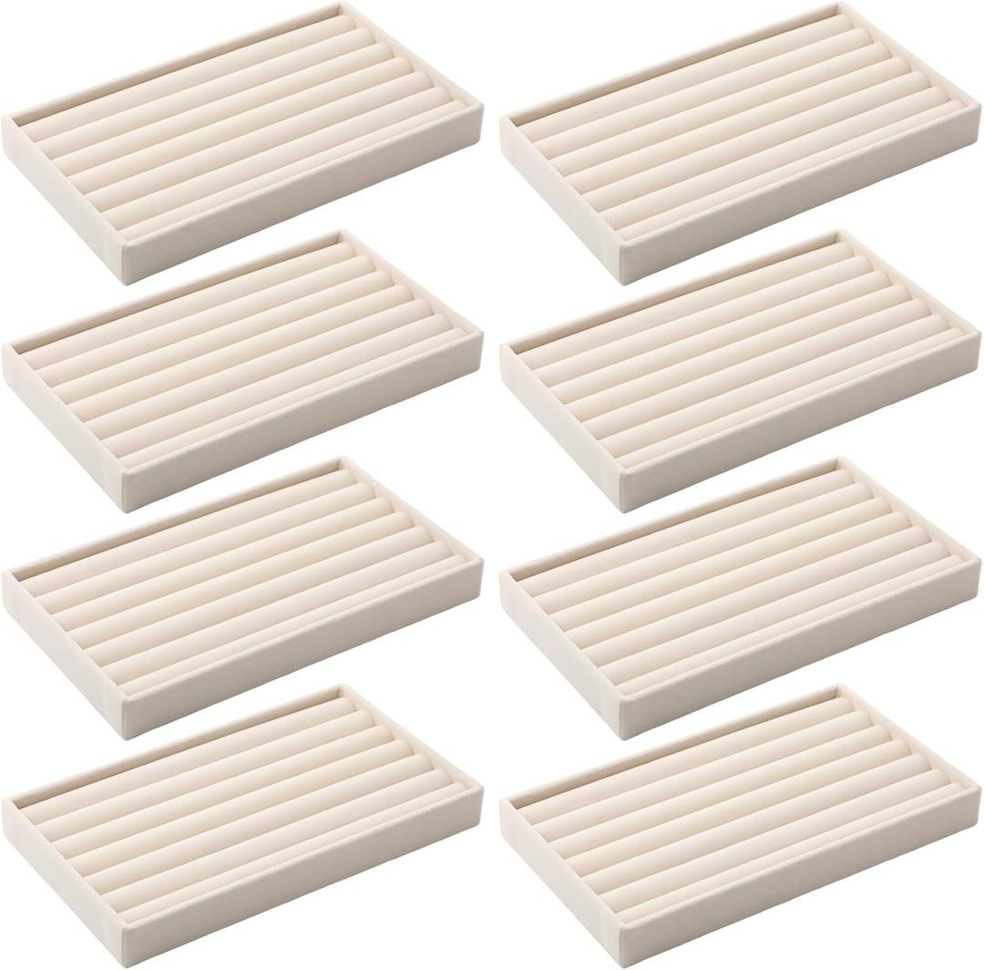 Highergo 8 Pcs Small Velvet Jewelry Trays Stackable Drawers Organizer Ring Earring Storage Trays, 8.3x4.7x1''(7 Long Slots)