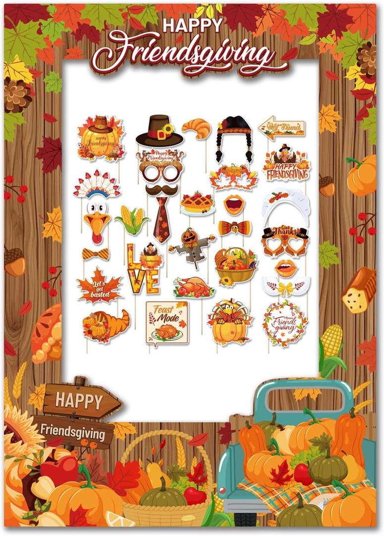 3 x Friendsgiving Party Decorations 31 PCS Friendsgiving Photo Booth Props for Friendsgiving Thanksgiving Party Supplies (Friendsgiving)