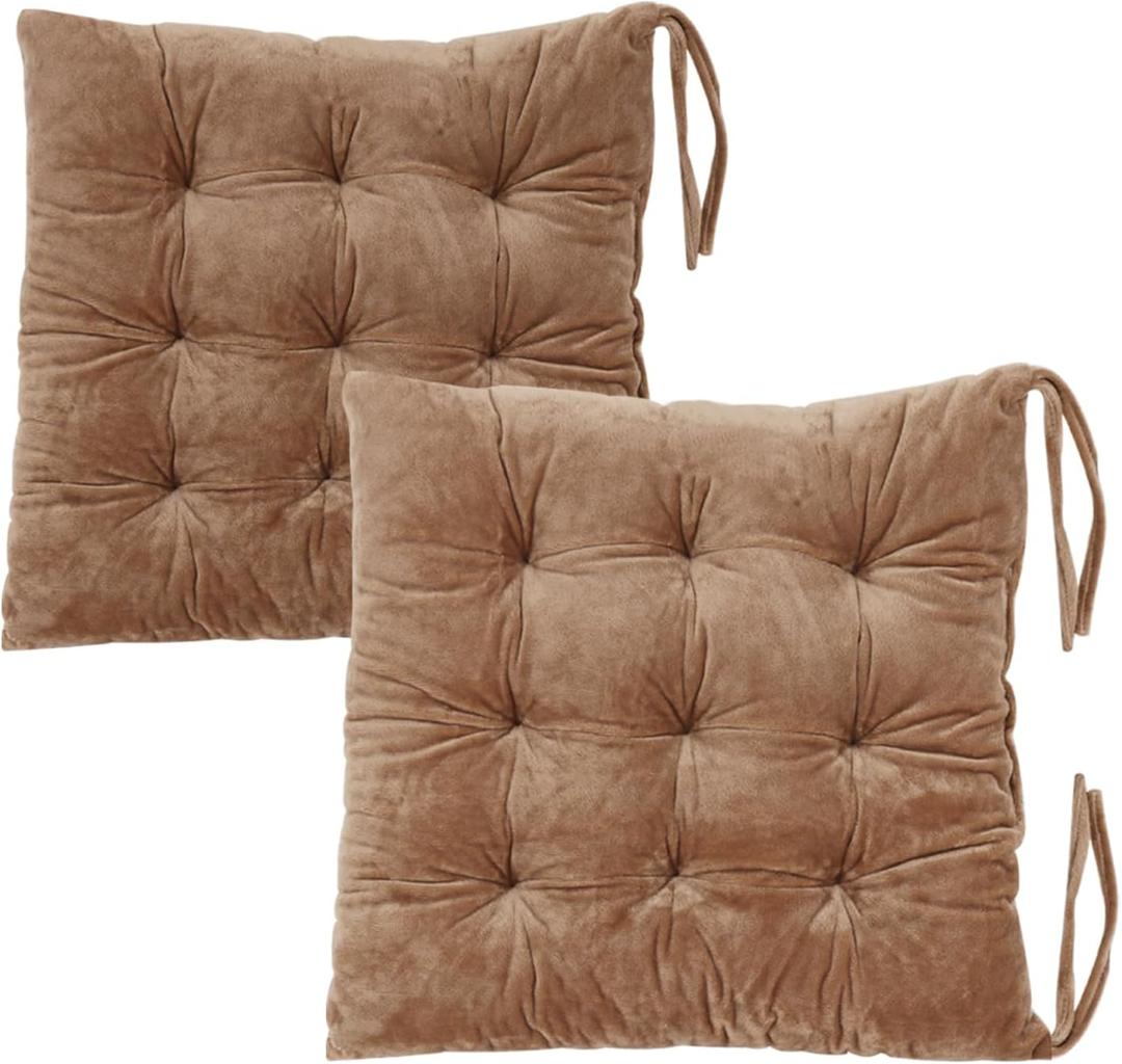 2 Pack Square Seat Cushion Chair Pads for Kitchen Dining Chairs, Soft Comfort Velvet Chair Mat Pillow Cushions with Ties for Office Desk Living Room Tatami 15.5", Khaki