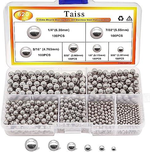 Taiss 620PCS 304 Stainless Steel Precision Balls,Bicycle Bearing Balls Assortment Kit,6 Sizes Steel Balls 1/4" 7/32" 3/16" 5/32" 1/8" 3/32",Precision Steel Ball F-086-620PCS