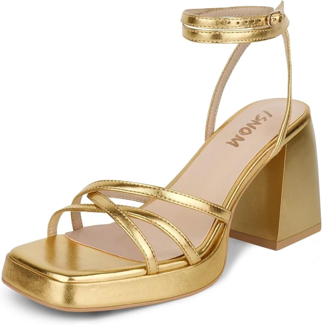 ISNOM Gold Platform Heels for Women Comfortable Strappy Heels Short Block Chunky Sandals Ankle Strap Simple Summer Heeled Sandals Square Open Toe for Wedding Work Party Dressy Prom, Gold, Size 9.5
